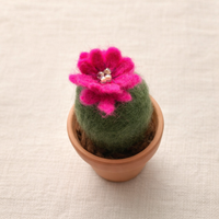 Needle felted cactus with bright pink flower, top view