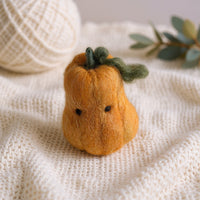 Needle felted butter squash character with green leaves and black eyes on cream knit fabric with botanical styling