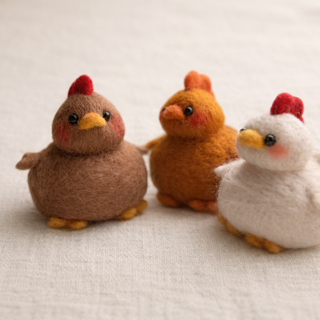 Needle felted chubby brown chicken figurine on warm cream background