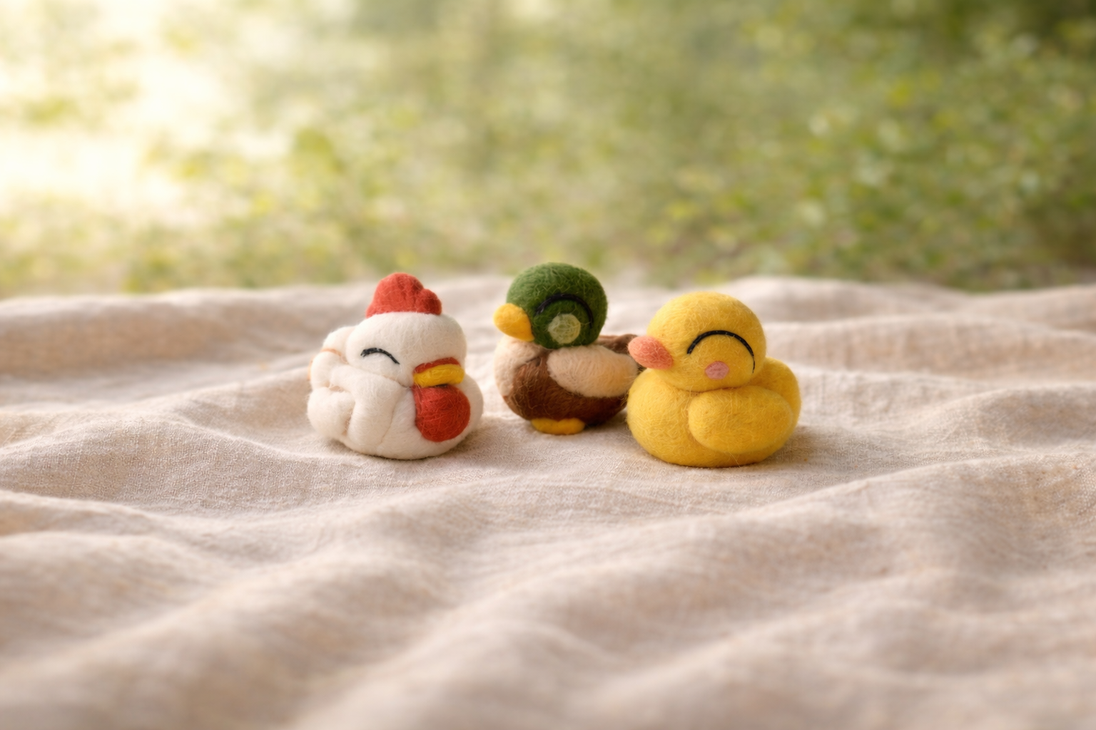 Three needle felted wool ducks in white, green, and yellow on natural linen fabric with blurred garden background