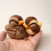 Two needle felted ducks with brown wool bodies, golden-yellow breasts, and closed eyes held in palm