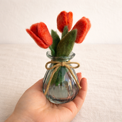 Needle felted tulip arrangement in lifestyle display