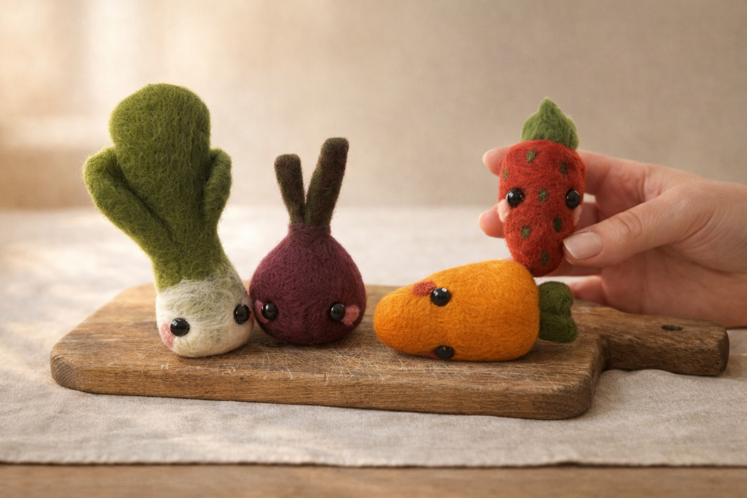 Needle felted vegetable characters including cactus, onion, carrot, and strawberry on wooden board