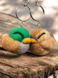 Close-up of needle felted mallard and hen duck keychain pair