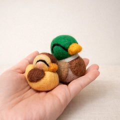 Two needle felted wool ducks in hand—yellow duckling and green mallard with brown details