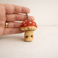 Needle felted toadstool keychain with red cap and white spots